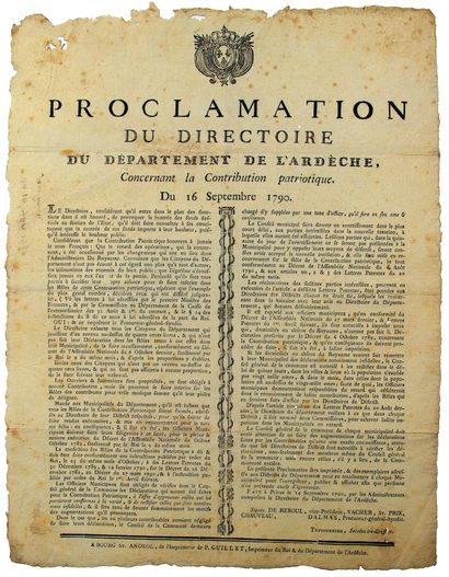 null ARDÈCHE. 1790 - “Proclamation du Directoire du Département de l’ARDÈCHE, concernant...