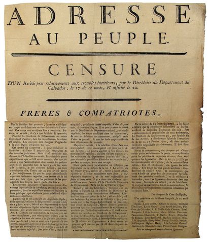 null CALVADOS. 1792. (SOCIÉTÉ PATRIOTIQUE DE CAEN) - « ADRESSE au Peuple. CENSURE...