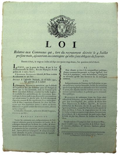 null GIRONDE. 1792. « Loi du 21 juillet 1792 relative aux Communes qui, lors du recrutement...