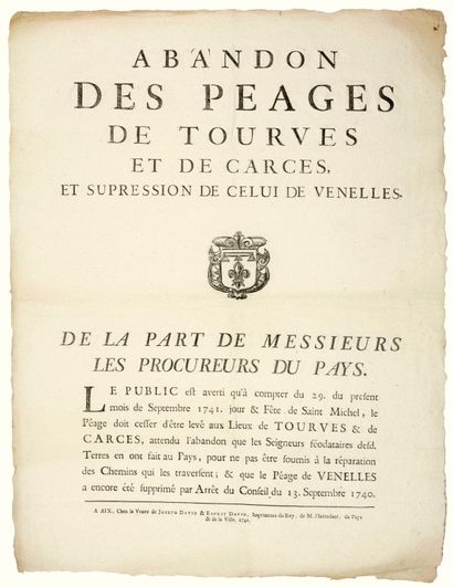 null PROVENCE. 1741. Abandon des PÉAGES FÉODAUX de VENELLES (13), TOURVES (83) &...