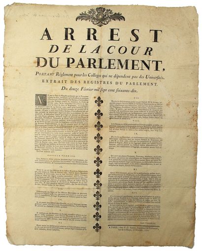 null PARIS. 1770. "Ruling of the Court of Parliament, bearing Regulations for Colleges...