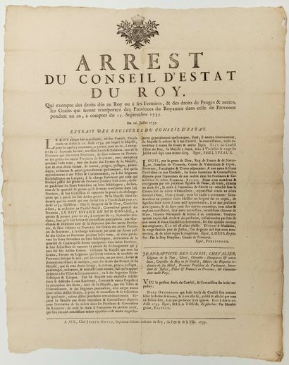 null PROVENCE. DROITS DE PÉAGES DES GRAINS. 1735. « Arrêt du Conseil d’Etat du Roy,...