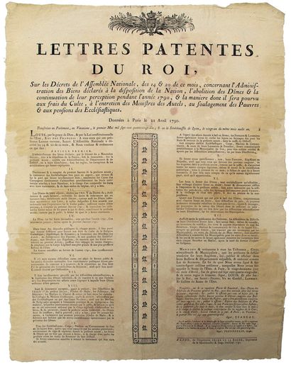 null RHÔNE. 1790. ABOLITION DES DÎMES & FRAIS DU CULTE. « Lettres patentes du Roi,...