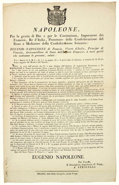 null ITALY. 1811. PRESS & BOOKSTORE. Decree on the heading of NAPOLEON 1st Emperor...