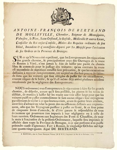null BRITAIN. 1784. Road from RENNES to VITRÉ. "Antoine-François DE BERTRAND DE MOLLEVILLE,...
