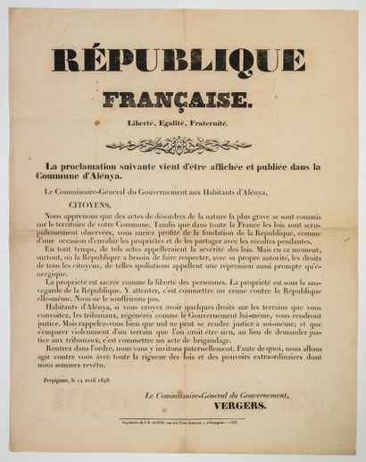 null PYRÉNÉES-ORIENTALES. 1848. TROUBLES À ALÉNYA (66) Proclamation de VERGERS Commissaire-Général...