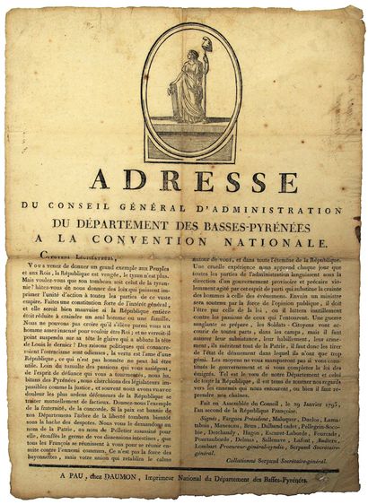 null ATLANTIC PYRENEES. 1793 - "ADRESSE du Conseil Général d'Administration du Département...