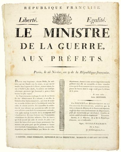 null AN 9. (CHARENTE-MARITIME). Adresse du Maréchal Alexandre BERTHIER “Le Ministre...