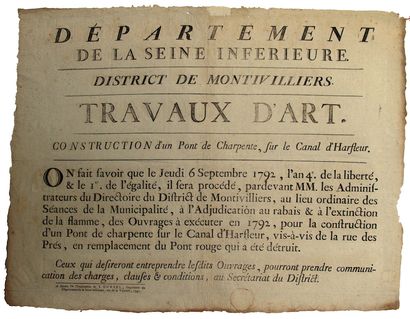 null SEINE INFÉRIEURE. 1792. CANAL D’HARFLEUR. District de Montivilliers - Adjudication...