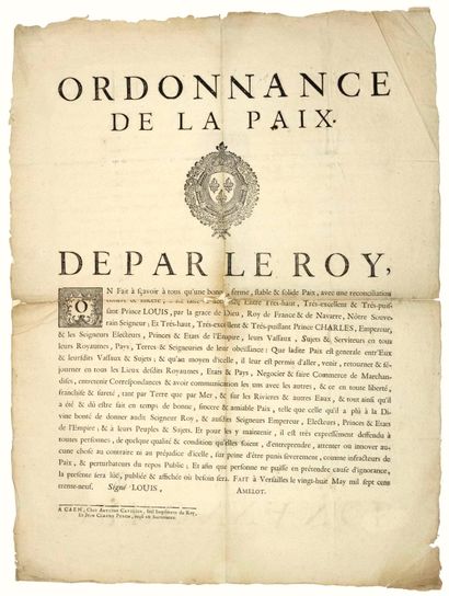 null 1739. CAEN (14). « ORDONNANCE DE LA PAIX. » entre LOUIS XV et l’Empereur CHARLES...