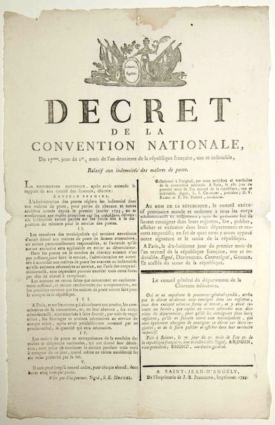 null POSTE AUX CHEVAUX. 1793. « Décret de la Convention Nationale, du 17e Jour du...