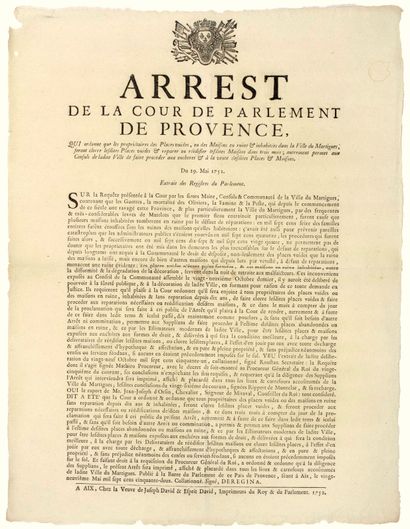 null PROVENCE. 1752. MARTIGUES (13). "Arrest of the Court of Parliament of PROVENCE,...
