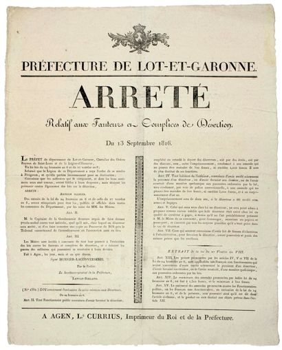 null Préfecture de LOT-ET-GARONNE. 1816. “Arrêté relatif aux Fauteurs et Complices...