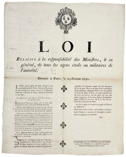 null EURE-ET-LOIR. 1791 - « LOI relative à LA RESPONSABILITÉ DES MINISTRES, & en...