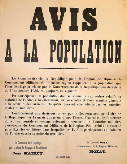 null LIBÉRATION DE LA BOURGOGNE et de la FRANCHE-COMTÉ, Novembre 1944 – AVIS à la...