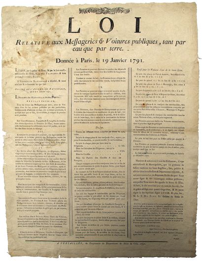 null SEINE & OISE. 1791. DROITS & TARIFS des MESSAGERIES. « Loi relative aux Messageries...