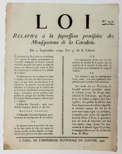 null FUSIL MOUSQUETON DE CAVALERIE. 1792. DANTON. « Loi relative à la suspension...