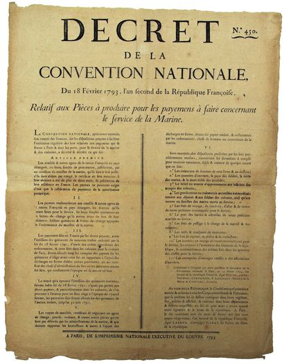 null PARIS. 1793. SERVICE OF THE NAVY. Decree of February 18, 1793, relating to the...