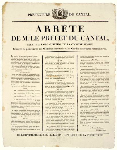 null CENT-JOURS. 1815. CANTAL. Arrêté de Mr LESSEPS Préfet du Cantal, relatif à l’organisation...