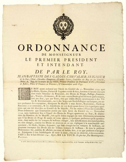 null 1740. PARLEMENT D’AIX EN PROVENCE (13). DROITS DE PÉAGE SUR LES GRAINS & LÉGUMES...