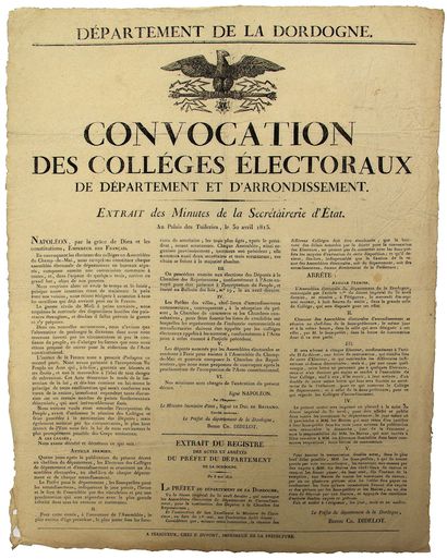 null CENT-JOURS. 1815. DORDOGNE. “Convocation des COLLÈGES ÉLECTORAUX de Département...