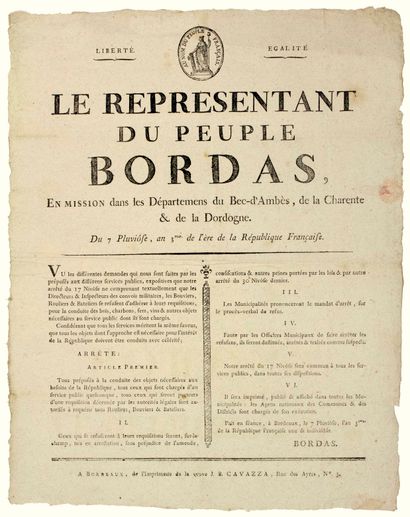 null GIRONDE. 1794. "Representative BORDAS on Mission in the Departments of BEC D'AMBÈS,...