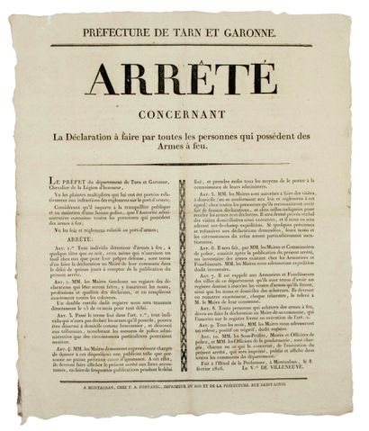 null TARN-ET-GARONNE. 1816. DÉCLARATION DES ARMES À FEU. 1816 : «Préfecture de TARN-ET-GARONNE. Arrêté...
