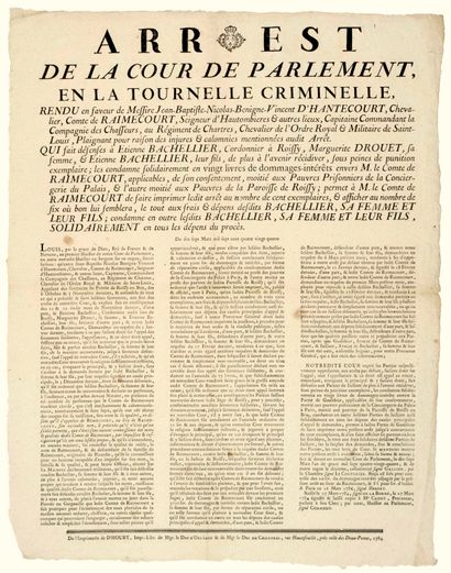 null ROISSY (95). 1784. ARREST of the COURT OF PARLIAMENT IN THE CRIMINAL TOURNAMENT,...