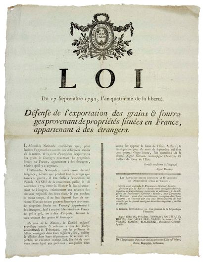 null ILLE-ET-VILAINE. 1792. “LOI du 17 Septembre 1792, l’an 4 de la Liberté. Défense...