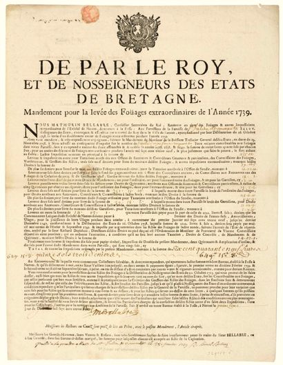null BRETAGNE. NANTES (44). 1739. FEUX AFFRANCHIS & ANOBLIS : « De par le Roy, et...