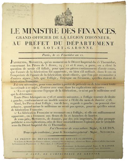 null AN 12. LOT-ET-GARONNE. CURRENCY. GAUDIN Minister of Finances, to the Prefect...