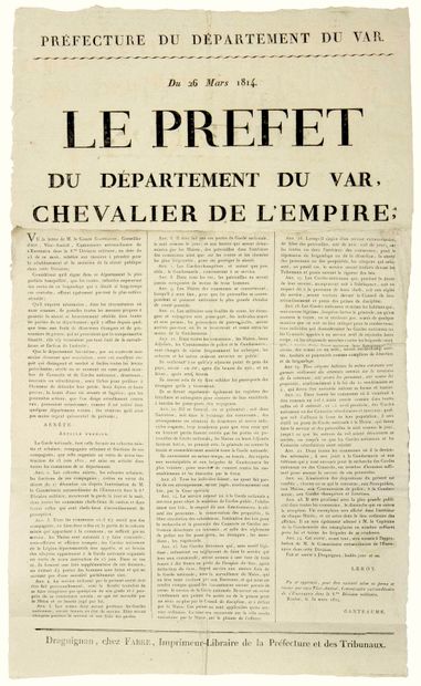 null VAR. 1814. Decree of LEROY Prefect of the Var, knight of the Empire. DRAGUIGNAN...