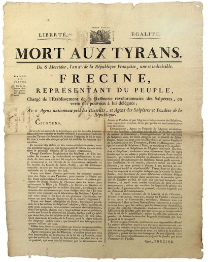 null POUDRES & SALPÊTRES. 1794.. FRÉCINE (Augustin-Lucie) Représentant du peuple,...
