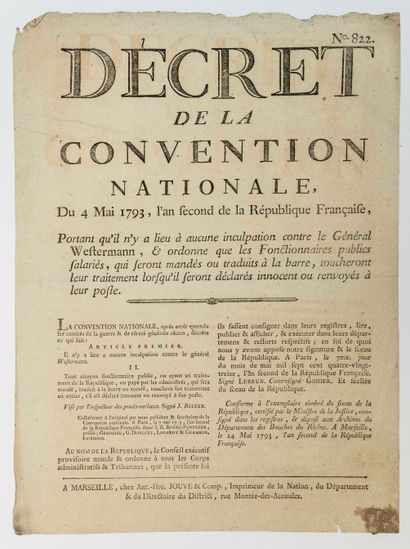 null GUERRES DE VENDÉE. Décret de la CONVENTION NATIONALE du 4 Mai 1793, an 2, portant...