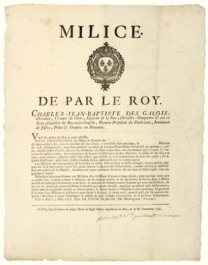 null 1756. PROVENCE. MILICE. « De par le ROY. » Ordonnance de Charles Jean Baptiste...