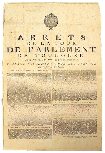 null TOULOUSE (31). 1726. « Arrêt de la Cour de Parlement de Toulouse, des 16 Avril...