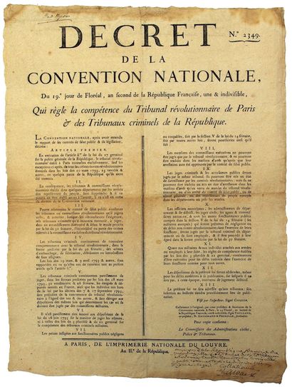 null PARIS. 1794. Décret de la Convention Nationale, du 19 Floréal an 2 (8 mai 1794),...