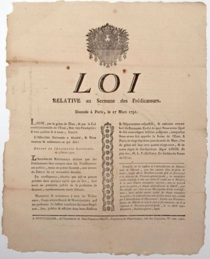 null HÉRAULT. 1791. "Law relating to the OATH OF PREACHERS" given in Paris on March...