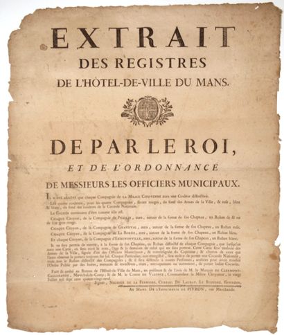 null RÉVOLUTION. 1789. SARTHE. LE MANS (72). COULEURS DES MILICES CITOYENNES. « Extrait...
