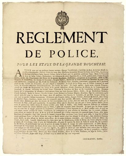 null ORLÉANS (Loiret). 1729. « RÈGLEMENT DE POLICE POUR LES ÉTAUX DE LA GRANDE BOUCHERIE. »...