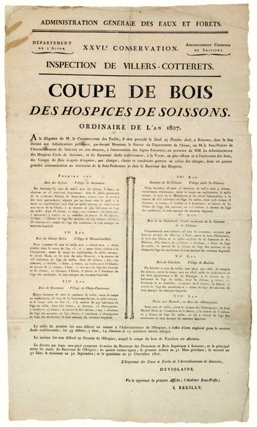 null AISNE. 1806. COUPE DE BOIS des HOSPICES DE SOISSONS. Ordinaire de l’An 1807....