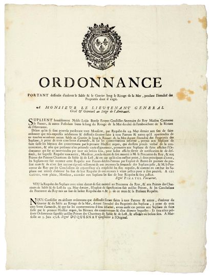 null AMIRAUTÉ DE MARSEILLE (13). 1728. « Ordonnance portant défenses d’enlever le...