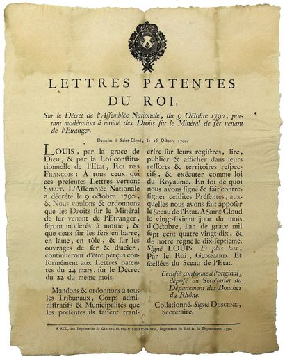 null MINERAI DE FER. 1790 – « Lettres patentes du Roi sur le décret de l’Assemblée...