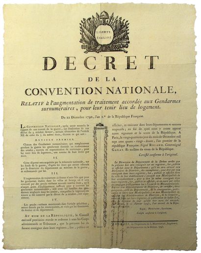 null DRÔME. 1792. GENDARMERIE. Decree of 22 December 1792 relating to the increase...
