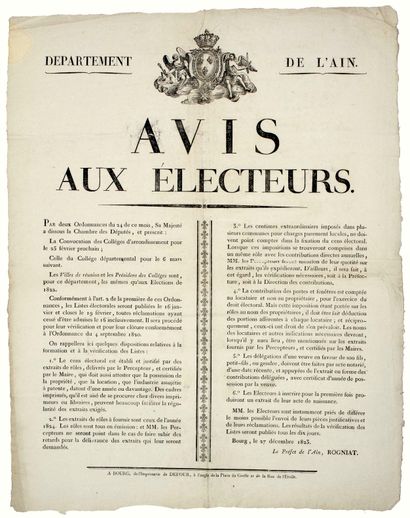 null AIN. 1823. « AVIS aux Electeurs. » du Préfet de l’Ain ROGNIAT – BOURG (01) le...