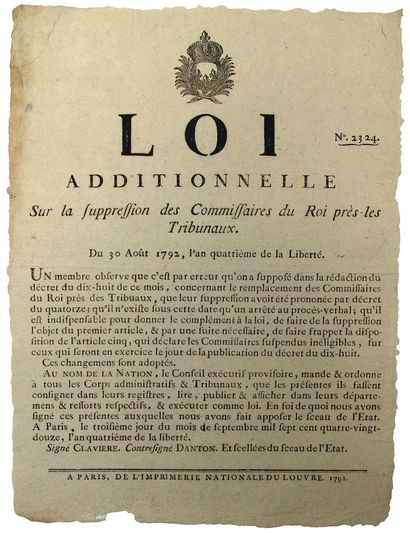 null PARIS. 1792. DANTON. JUSTICE. "Additional Law on the Suppression of the King's...