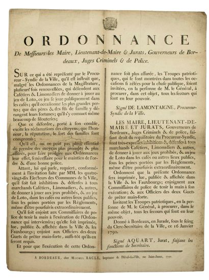 null BORDEAUX. 1790. LOTO GAME. "Ordinance of Messieurs the Mayor, Lieutenant-mayor...