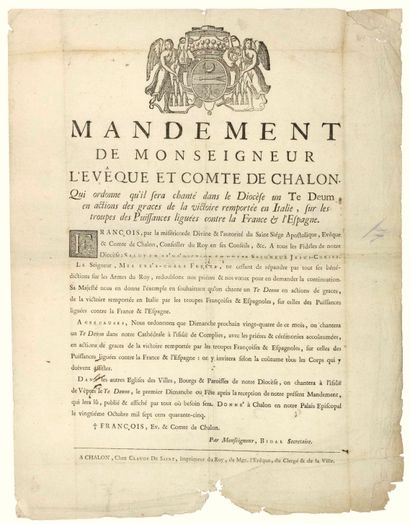 null SAÔNE-ET-LOIRE. 1745. CAMPAIGN OF ITALY. "MANDATORY of Monseigneur the Bishop...