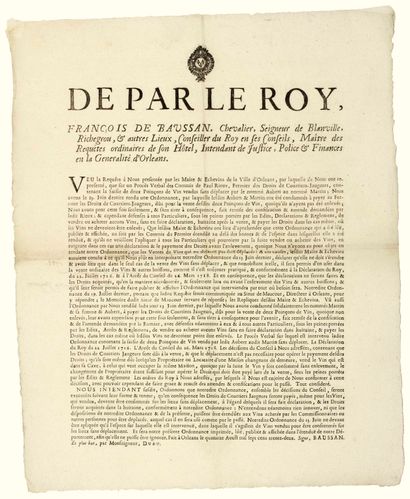 null 1732. GÉNÉRALITÉ D’ORLÉANS (45). DROITS SUR LES VINS . “De par le ROY, François...