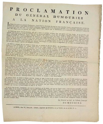 null DUMOURIEZ. 1793 - “Proclamation du GÉNÉRAL DUMOURIEZ, à la NATION Française. »...